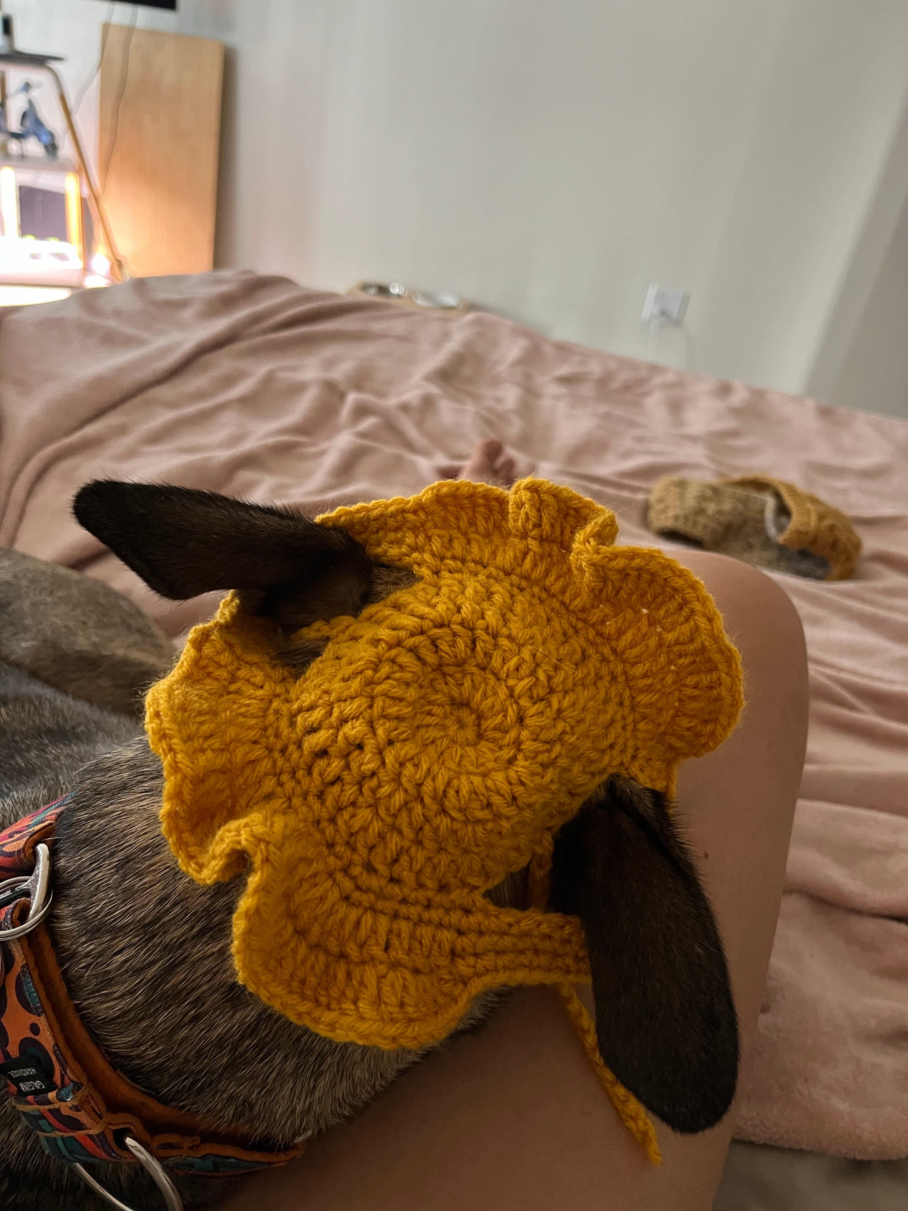 Top view of a yellow crochet sun hat on Luca’s head